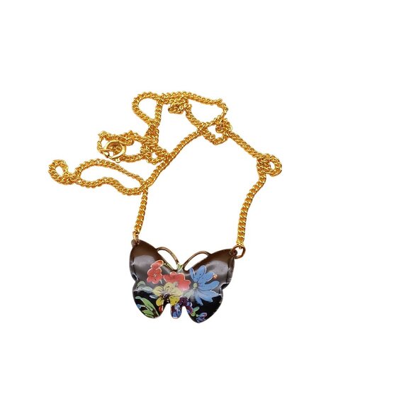 Enamel Butterfly Pendant on Vintage Choker Chain Necklace Gold Tone with Bright - Picture 2 of 4